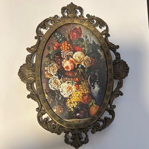 Ornate Vintage Brass Frame with Floral Print Behind Bubble Glass Made in Italy